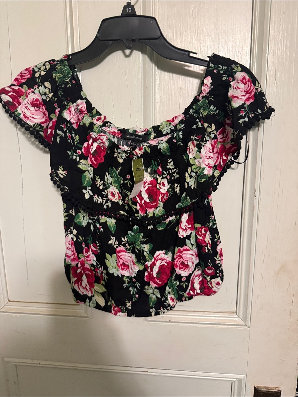 Ambiance Black Off-Shoulder Top with Pink Rose Print
